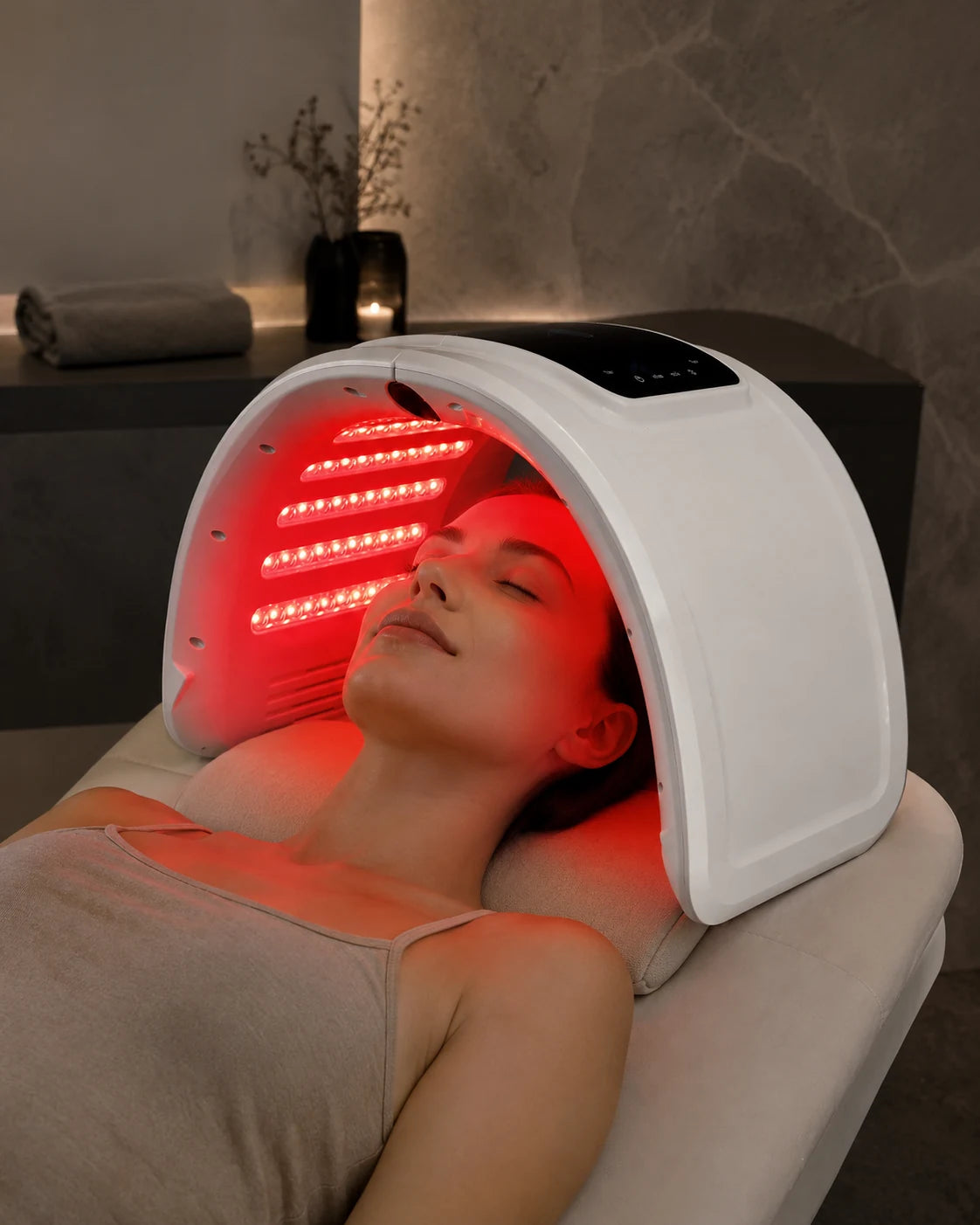 Person using a seven-colour LED facial therapy dome