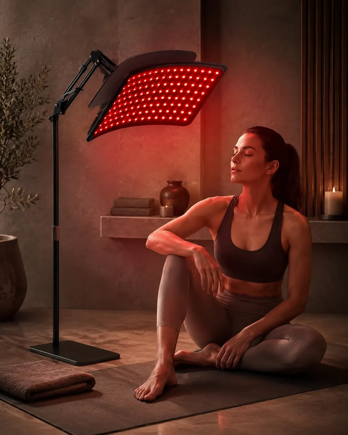 Adjustable red light therapy lamp in a home wellness space