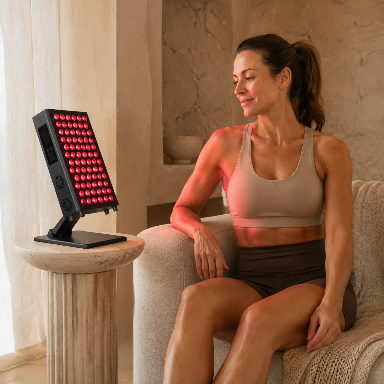 Red and Near-Infrared Therapy Panel in a calm home recovery setting
