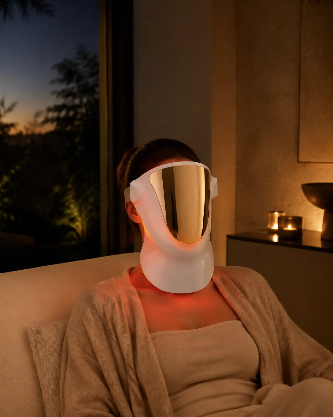 Woman using the Face and Neck LED Therapy Mask at home